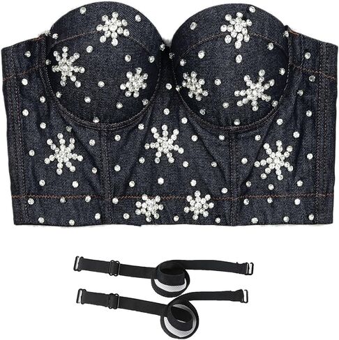 ELLACCI المرأة حجر الراين الزهور الدنيم بوستير المحاصيل الأعلى نادي حزب مشد أعلى أسود متوسط in Kuwait