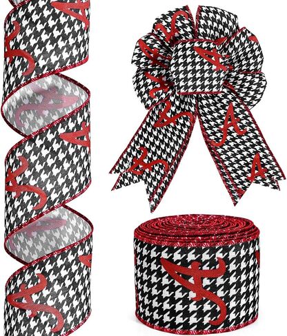1 Roll 10 Yards Alabama Wired Edge Ribbon Black White Houndstooth Crimson Red A Football Team Ribbon for Sports Party Bow Wreath Gift Wrapping in Saudi Arabia