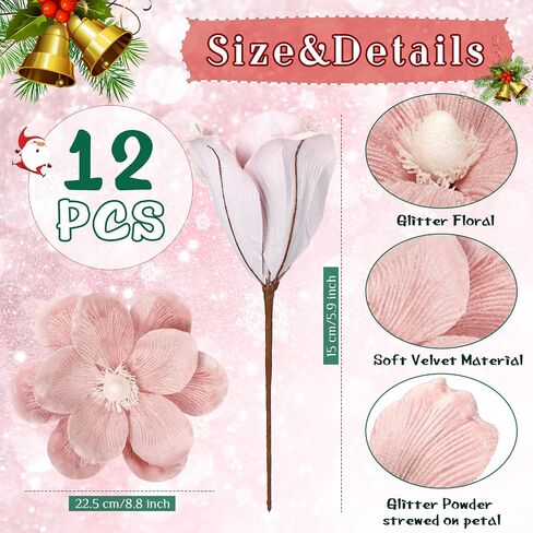 12 Pcs Christmas Velvet Poinsettia Burgundy Magnolia Flowers Ornaments Glitter Large Heads Artificial Magnolia Flowers for Christmas Tree Decorations Wedding Decor Supplies(Burgundy) in Kuwait