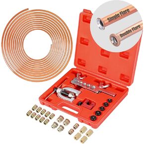 3/16" Brake Line Kit - 25 FT Copper Coated Brake Line (With 16 Brake Line Fittings and 4 Threads Unions) + Double & Single Flaring Tool Kit (With Tube Cutter And 5 Adapters) + Tube Bender