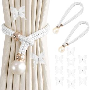 2 Pcs Adjustable Curtain Tiebacks with 10 Pcs Curtain Decorative Butterflies, Pearl Curtain Rope Straps,White Braided Curtain tie Backs no Drilling