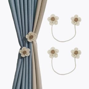 Curtain Ties Cute Flower Adjustable 2Pcs Farmhouse Style Rope Decor Flax Curtain Tie Backs Window Treatment Holdbacks (Beige)