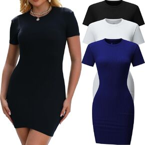 Chongbaijia 3 Pack Women's Summer Bodycon Dresses Crew Neck Short Sleeve Casual T Shirt Dress Party Club Mini Bodycon Dress