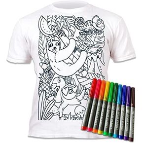 Splat Planet Color-in Sloth Jungle T-Shirt with 10 Non-Toxic Washable Magic Pens - Color in and Wash Out T-Shirt