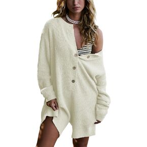 Yeokou Knit Sweater Romper Womens Long Sleeve Shorts Jumpsuits Crewneck Button Down Casual Fall Outfits 2024(Beige-XS)