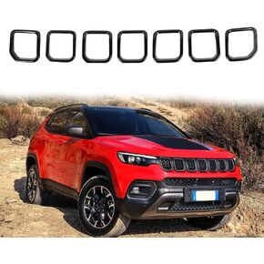 Grille Inserts Compatible with Jeep Compass 2022 2023 Front Grill Cover Rings Frame Trims Kit 7PCS (Gloss Black)