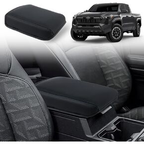 Center Console Cover Compatible with 2024 2025 Toyota Tacoma Armrest Lid Pad Protector Cushion PU Leather Interior Accessories (Black Stitches)