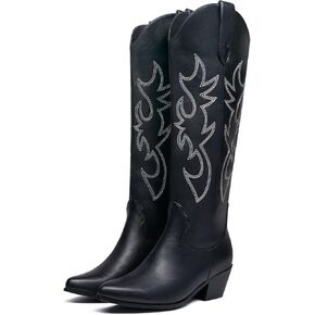 GOSERCE Women's Western Cowboy Boots with Embroidery Chunky Block Heel 2.5" Classic Cowgirl Boots Mid Calf Booties Almond Shaped Pointed Toe Knee High boots Pull On Fashion Design