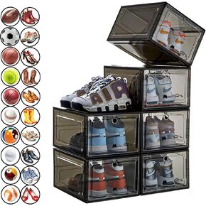 Thick Sturdy Large Shoe Storage Organizer, Display Case for Nike Dunks,Jordans,Basketball Shoes,Shoe Organizer for Closet, Clear Storage Bins 6-Pack (Black Box, Clear Door)