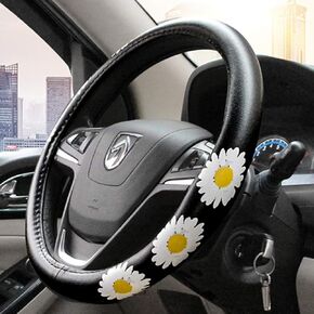 Dotesy Leather Flowers Car Steering Wheel Cover, Fashion Floral Steering Wheel Protector Universal for 36-38cm Anti Slip Auto Interior Decor Protection Accessories for Women (White)