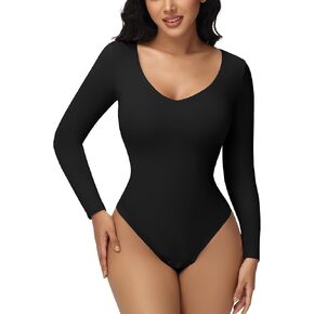 SHAPSHE Long Sleeve Bodysuit for Women V Neck Seamless Bodysuits Tummy Control Shapewear Going Out Body Shaper Open Crotch
