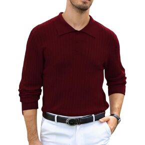 Men's Fashion Knit Polo Shirts Long Sleeve Wool Pullover Sweater Casual Ribbed Button Stretch Knit Top