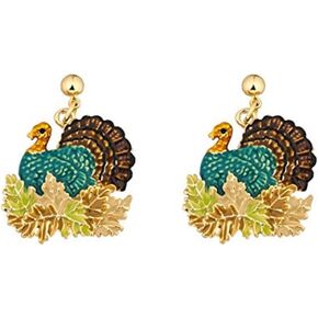 Retro Turkey Foliage Thanksgiving Fall Enameled Gold Tone Metal Dangle Earrings