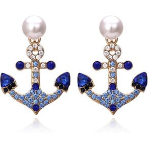 Anchor Earrings for Women Blue Rhinestone Earrings Pearl Drop Earrings Nautical Outfits for Women Rhinestone Pearl Earrings Nautical Jewelry for Women Yacht Accessories