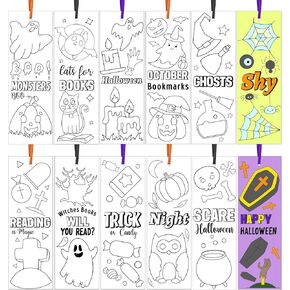 72pcs Halloween Color Your Own Bookmarks, DIY Coloring Bookmark Pumpkin Ghost Blank Bookmark Craft Gift for Kids Classroom Reward Party Favor Goodie Bag Fillers