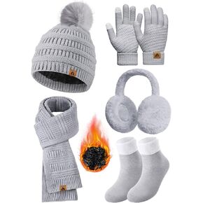 Womens Winter Knit Hat Beanie Scarf Touch Screen Gloves Ear Muffs Socks 5 Pieces Sets Faux Fur Pom Beanie Warmer Cap