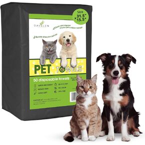 DAVELEN Disposable Pet Towels (50-Pack), Super Absorbent, for Small, Medium, Large Dogs & Cats | Paws, Fur, Body Use | Bleach and Dye Free, Ecofriendly | Towels Size: 31.5" x 15.5" (White)
