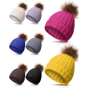 Toulite 8 Pcs Women Beanie Winter Knitted Hat Bulk Cuff Skull Cap Soft Warm Fuzzy Beanies with Pom for Cold Weather