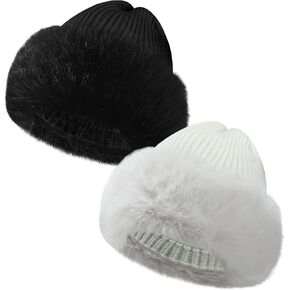 2 Pcs Faux Fur Knit Beanie Winter Satin Lined Beanie Hat Warm Cuffed Plain Hat with Lining for Men Women
