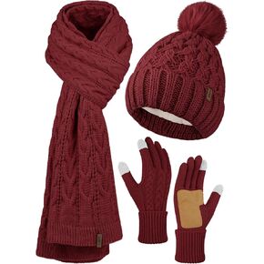 Aneco Women Winter Touchscreen Gloves Scarf Beanie Hat with Pom Pom Fleece Lined Set Thick Warm Knit Cap 3-in-1 Set