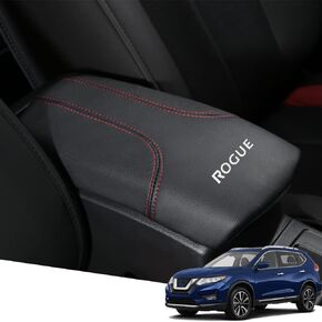 Leather Center Console Cover Armrest Pad Protector Armrest Box Cover Accessories Keep Your Armrest in a More Comfortable Feeling(White Stitches) for Nissan Rogue(2021 2022)