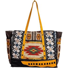 Myra Bag Weekender Bag for Women - Western Upcycled Canvas and Leather Shoulder Tote Bag Golden Sunrise