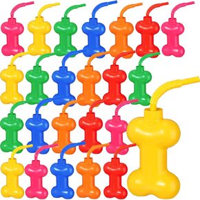 Nuenen Dog Bone Cups with Straws and Lids 10 oz Puppy Party Supplies Plastic Dog Bone Shaped Cups Colorful Dog Theme Birthday Party Decorations for Kids Dog Puppy Party Favors (24 Pcs)