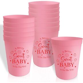 Usumz Berry Sweet Baby Plastic Cups, 16oz Pink Strawberry 1st Birthday Reusable Cups, A Berry Sweet Baby Is on the Way Decorations Drinkware, Strawberry Shortcake Baby Shower Birthday Supplies 12 Pcs