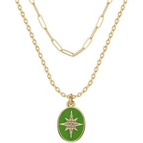 14K Gold Plated Sun Coin Pendant Necklace for Women, Layered Paperclip Necklaces, Bohemian Birthstone Zirconia, Jewelry gift for Graduation/Birthday/Anniversary/Valentine’s Day/Christmas