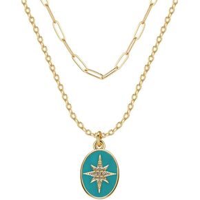 14K Gold Plated Sun Coin Pendant Necklace for Women, Layered Paperclip Necklaces, Bohemian Birthstone Zirconia, Jewelry gift for Graduation/Birthday/Anniversary/Valentine’s Day/Christmas