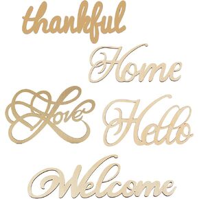 5 Pcs Unfinished Wood Sign Cutout Hello Welcome Thankful Home Love Wooden Letter Sign Block Words Sign for Wreath Crafts Door Hanger Wall Art Decor