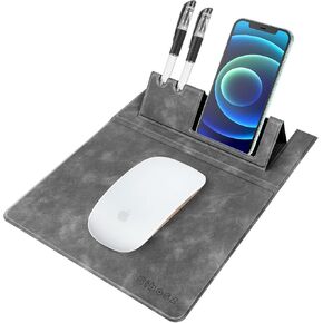 Multifunctional Leather Mouse pad,3 in 1 Mouse Pad with Non-Slip Base,Portable Slim Pad for Phone Holder and Pen Holder,Desktop Mouse pad(Grey 1Pack)
