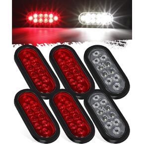 Partsam 6x Oval LED Trailer Tail Lights 10LEDs 6 Inch 4 Red 2 White Stop Brake Turn Reverse Backup Lights Rear Lamp Sealed Flush Mount 3-pin Plug Rubber Grommet for Flatbed Truck Trailer RV 12V IP67