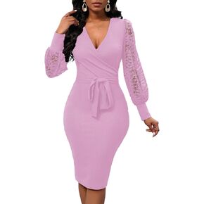 Womens Sexy Wrap V Neck Lantern Lace Long Sleeve Bodycon Midi Dress Semi Formal Cocktail Party Dresses