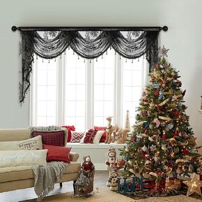 ELKCA Luxury Black Lace Curtain Valance with Beads Romantic Floral Lace Sheer Curtain Valance for Living Room Black Tulle Curtains for Bedroom (79inch,1 Panel)