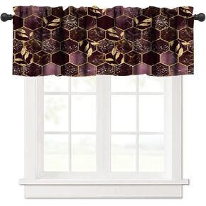 Marble Kitchen Valance Curtain,Burgundy Abstract Geometry Hexagon Pattern Texture Yellow Leaves Art Golden Foil Texture Rod Pocket Curtain for Bedroom Restaurant Living Room Cafe Decor 54"x18" 1P
