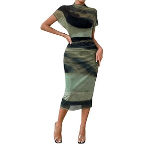 Milumia Women's Tie Dye Short Sleeve Mock Neck Mesh Bodycon Midi Dress