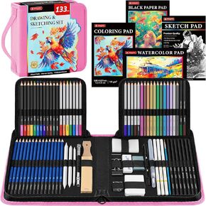 106 Pack Drawing Set Sketching Kit, Pro Art Supplies with 3-Color Sketchbook, Coloring Book, Graphite Colored Charcoal Watercolor & Metallic Pencils, Drawing Supplies Gift Case for Artists Adults Kids