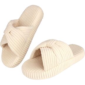 Women House Slippers丨Ladies Comfy Memory Foam Corduroy Slippers丨Bow Slip on Open Toe丨Bedroom Slippers Home Slides Shoes Indoor Outdoor