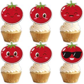 18pcs Red Glitter Cute Tomato Dessert Cupcake Topper Funny Vegetable Theme Decor Supplies Baby Shower Boys Girls Happy Birthday Announce Pregnancy Party Decorations