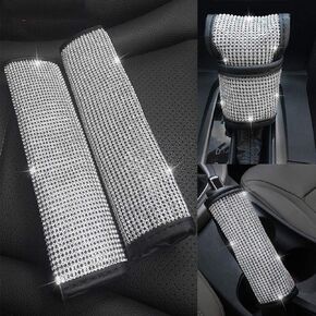 Bling Bling Crystal Rhinestone Diamond Seat Belt Cover & Handbrake Cover & Shift Gear Knob Cover, for Girls or Women (Bling/4Pcs)