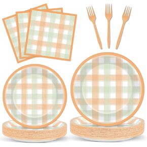 100PCS Thanksgiving Tableware Set Party Decorations Plaid Plates Napkins Forks Dinnerware Set for 25 Guests Disposable Thanksgiving Theme Dinner Plates Full Party Supplies Happy Harvest Dessert Plates