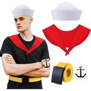 Halloween Sailor Costume for Men Set Adult Sailor Costume Men Sailor Outfit Halloween Sailor Cosplay Accessories Include Navy Hat Sailor Fake Collar Yellow Belts Anchor Tattoo