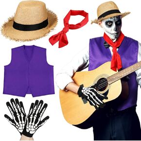Mepase 4 Pcs Halloween Costume Accessory, Includes Straw Hat with Frayed Edges, Neck Scarf, Full Finger Skeleton Pattern Gloves, Purple Vest without Buttons for Men Adults Accessory Party Cosplay