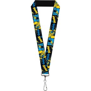 Buckle-Down DC Comics Keys,Keychain,Wallet,ID Card Holder,with Quick Release Lanyard- Batman Poses and Logo Collage Black Blue Yellow, Elastic