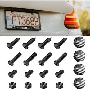 BESULEN Car License Plate Screws Fastener Kit, 4 Sets American Flag Decorative Car Anti Theft Screw Caps, Aluminium Alloy Auto Accessories License Plate Screws Kit for Cars Trucks SUV (Black/Gray)