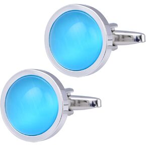 Stainless Steel Round Opal Stone Cufflinks for Men Women French Shirt Cat Eye Cuff Links Business Party in a Gift Box