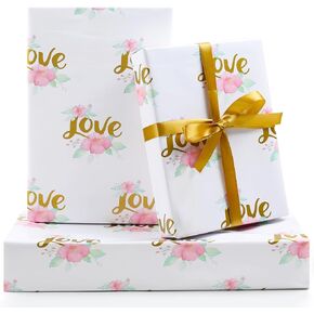 Wedding Wrapping Paper, Gold Love With Pink Floral White Groom Gift Wrap Folded Flat 5 Sheets 20x28 inches Per Sheet With Ribbon for Wedding Shower, Bridal Shower, Engagements, Birthday, Anniversary