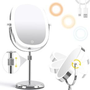 Lighted Makeup Mirror, 1X/10X Vanity Mirror with 3 Color Lights ＆ Ajustable Brightness, 8'' Lighted Makeup Mirror with Magnification, 360° Swivel Double Sided Rechargeable LED Makeup Mirror, Black