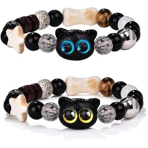 2Pcs Cute Cat Bracelet, Matching Bracelets Cat charm Bracelet for Valentine's Day, Black cat Bracelet for Protection, Good Luck